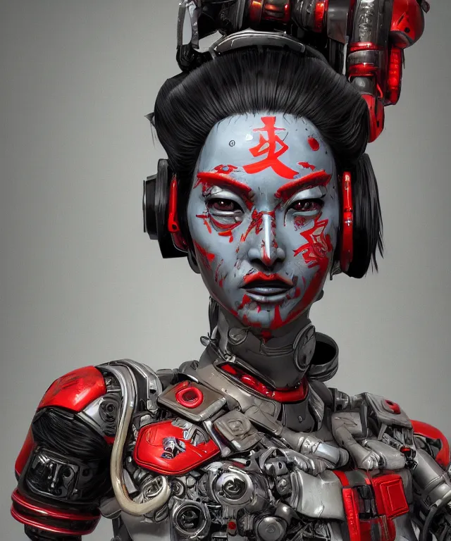 Image similar to an epic fantastic realism comic book style portrait painting of a japanese robotic geisha with kanji tattoos and decals, apex legends, octane render, intricate detail, 4 k hd, unreal engine 5, ex machina, irobot