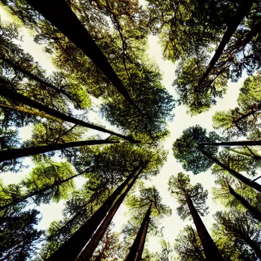 Prompt: looking up at the tops of trees in a forest, an ultrafine detailed painting by ( ( ( jon coffelt ) ) ), shutterstock contest winner, generative art, multiple exposure, fisheye lens, high dynamic range