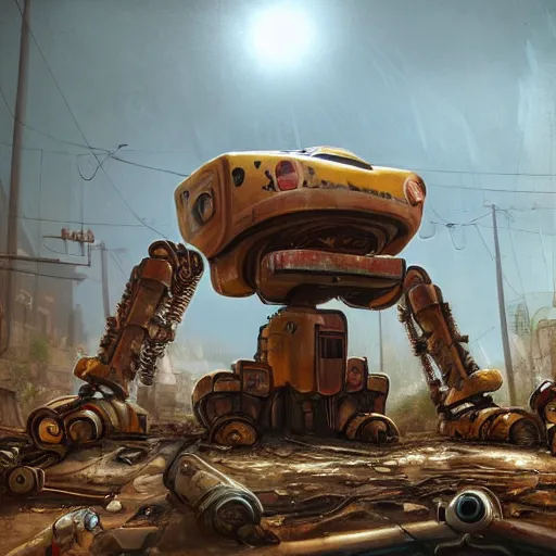 Image similar to Huge Sponge Bob mecha robot abandoned under a bridge. rusting, apocalyptic dystopia. unreal engine, 4k, trending on artstation, digital painting, highly detailed