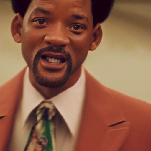 Prompt: a film still of Will Smith dressed as a pimp in a 1970s Blaxploitation film, portrait, 40mm lens, shallow depth of field, close up, split lighting, cinematic