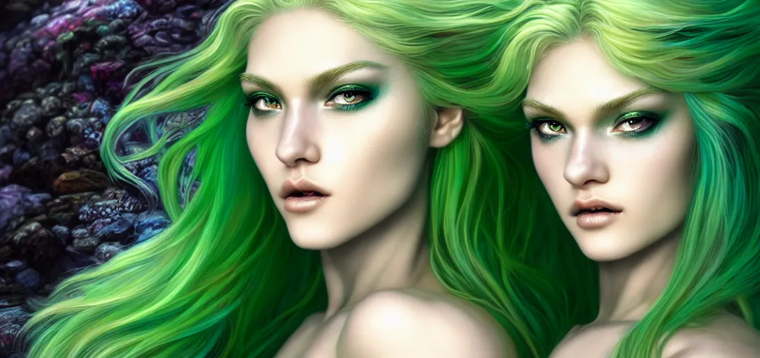 Prompt: extreme close up portrait photo of a gorgeous female mermaid with long green hair wearing metal armor in the style of stefan kostic, realistic, half body shot, sharp focus, 8 k high definition, insanely detailed, intricate, elegant, art by stanley lau and artgerm, extreme blur coral reef background