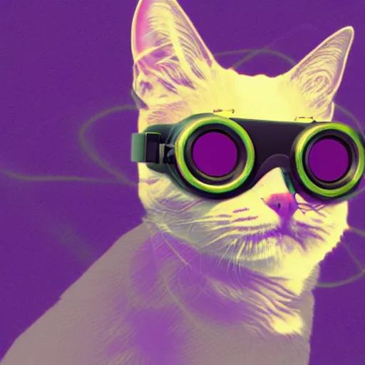 Prompt: a cat with goggles , digital art , vaporwave