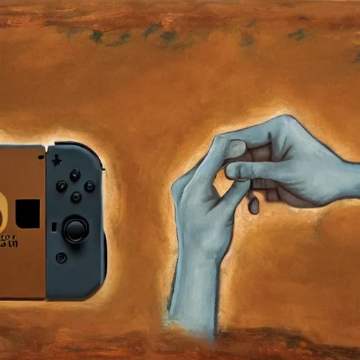 Image similar to the creation of adam fresco painting, holding a nintendo switch
