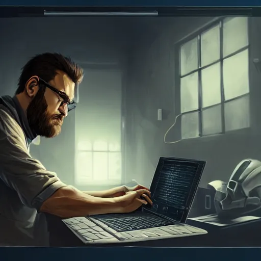 Image similar to realistic man using laptop in gaming room, artstation trends, sci fi concept art, highly detailed, intricate, sharp focus, digital art, 8 k