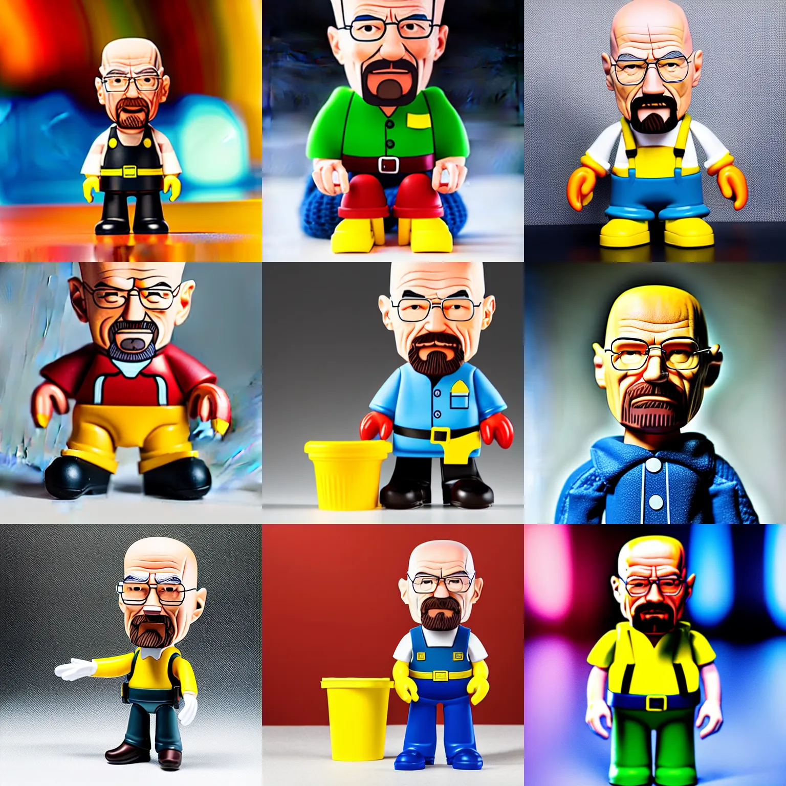 Prompt: studio photo portrait of walter white happymeal toy, 8 k, dramatic light, bokeh effect,