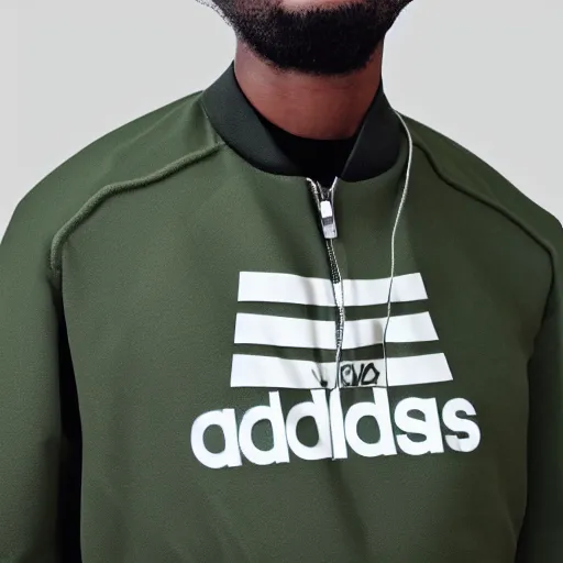 Image similar to low polygon render of a black man with afro hair and raspy bear stubble, wearing an army green adidas jacket, high quality, minimalist