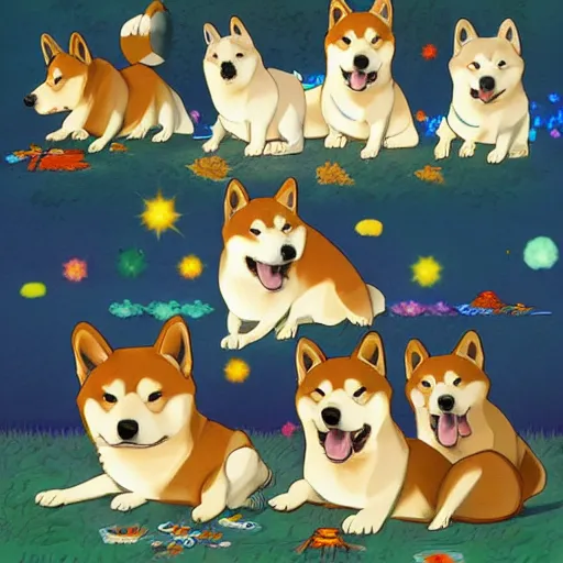 Prompt: shiba inu dogs singing happy birthday, Nintendo game art, Hayao Miyazaki, intricate detail, illustration, beautiful lighting,