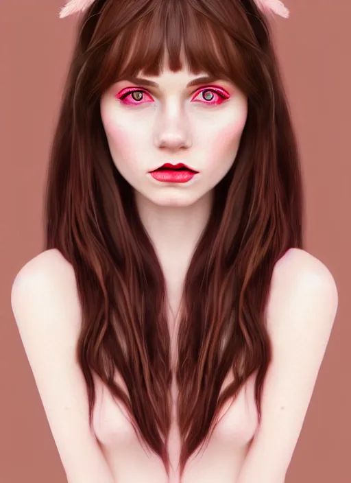 Prompt: highly detailed portrait of a young white woman with brown hair and scarlet lips, photographic realistic background, by tokenin, by glitchedpuppet, gradient pink, black, cream, brown and white color scheme, trending in artstation, award winning details