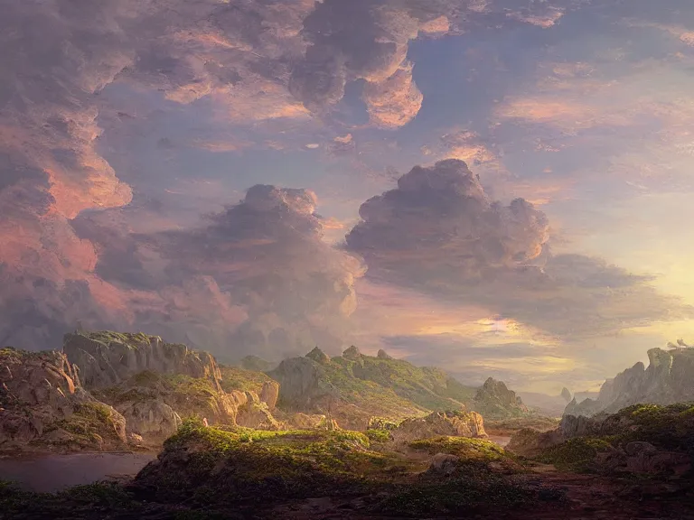 Image similar to Freelance illustration by Frederic Church of the Starwatcher citadel. Hue breaking and color management, concept art. Epic landscape