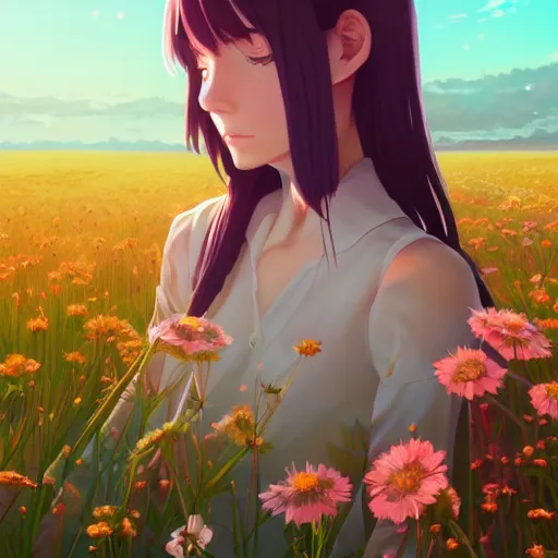 Prompt: portrait of Anya joy Taylor, field of flowers background, rich vivid colors, ambient lighting, dynamic lighting, 4k, HQ, official media, anime key visual, makoto shinkai, ilya kuvshinov, lois van baarle, rossdraws, detailed, trending on artstation