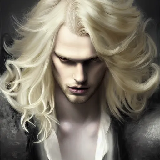 Prompt: digital art of a pale menacing male Cyborg Angel of Battle with long blond curls of hair and piercing eyes, johan liebert mixed with Dante, central composition, he commands the fiery power of resonance and wrath, very very long blond curly hair with bangs!!!, baroque curls, by James Gurney and Seb mckinnon and WLOP, Artstation, CGsociety