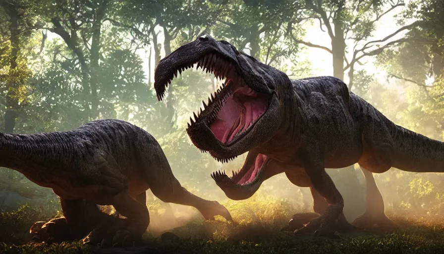 Image similar to hyper realistic highly detailed nature photography of a trex, tyrannosaurus rex, prehistoric planet, volumetric lighting, octane render, 4 k resolution, golden hour