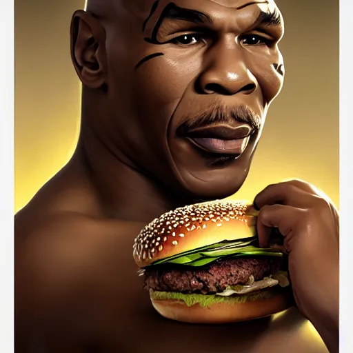 Image similar to portrait of Mike Tyson eating hamburgers, extra onions and ketchup, luscious patty with sesame seeds, feminine ethereal, handsome, D&D, fantasy, intricate, elegant, highly detailed, digital painting, artstation, concept art, matte, sharp focus, illustration, art by Artgerm and Greg Rutkowski and Alphonse Mucha