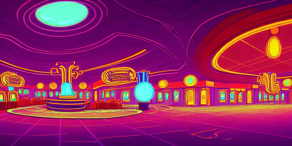 Image similar to curled perspective digital art of curly indoor casino with a stage pale colors by anton fadeev from nightmare before christmas