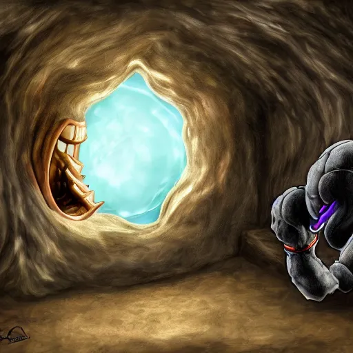 Image similar to a mimic disguised as a basketball inside of a cave gnarling it's teeth, fantasy, digital painting