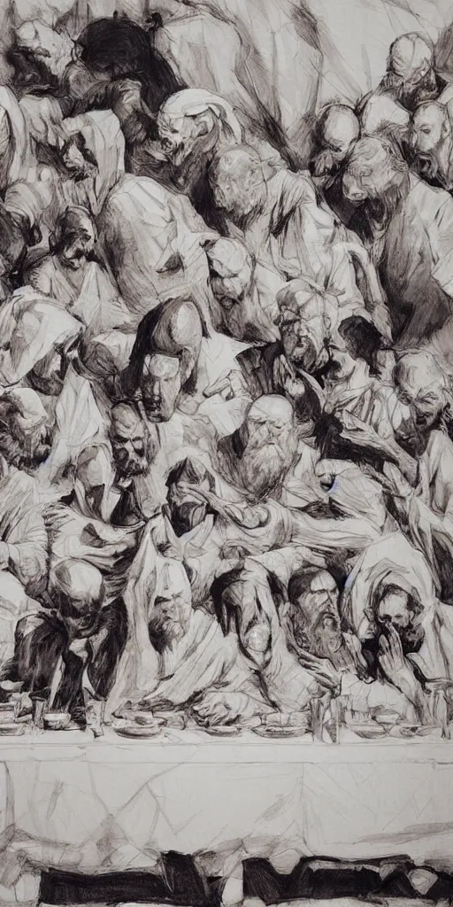 Image similar to oil painting scene from the last supper by kim jung gi