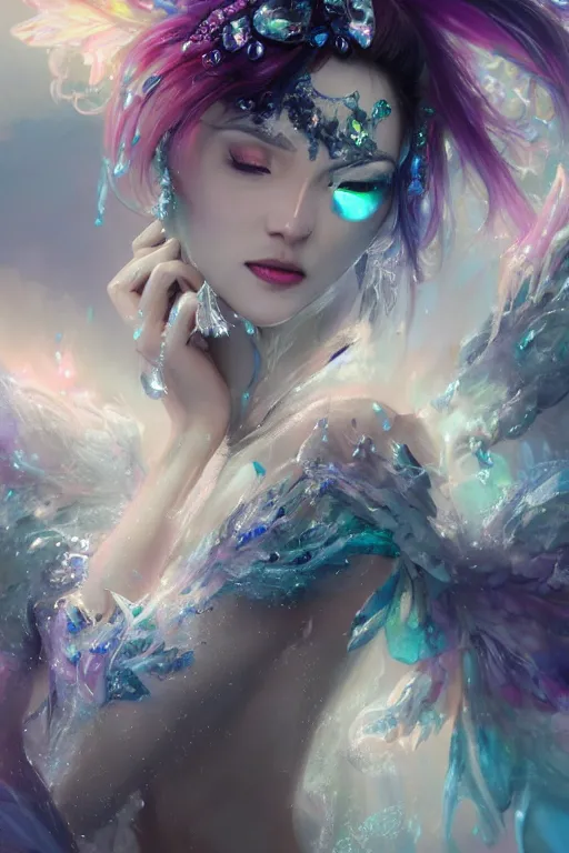 Image similar to face closeup covered with ice of extremely beautiful girl necromancer, magical fairy ice and ice velvet, diamonds, jewels, angels, 3 d render, hyper - realistic detailed portrait, holding fire and electricity rainbow, ruan jia, wlop. scifi, fantasy, magic the gathering, hyper detailed, octane render, concept art, peter mohrbacher