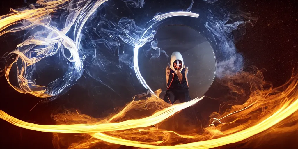 Image similar to VHS music video fisheye slow motion with lines of fire and smoke effect through a portal of futuristic break dancer wearing long dark cloak and golden helmet emitting fire and crystals, long exposure shot , enigmatic, at night half submerged by water, paddle of water, steam, fog, water splashes, rim lights, glossy reflections, water droplets on lens, octane render, Volumetric dynamic lighting, stunning cover magazine, high details, hajime sorayama