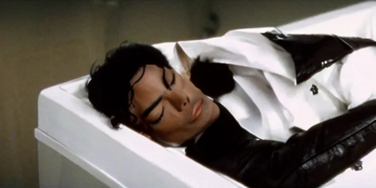 Prompt: news still of michael jackson asleep within a coffin, cinematic-shot, 4k