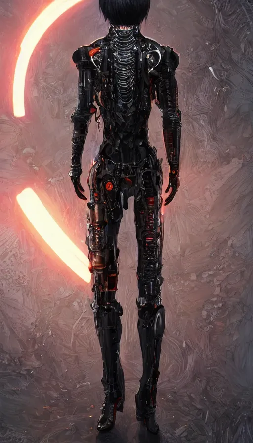 Prompt: full body head to toe portrait of a gothicpunk sci-fi cyborg netrunner bionic man, third person, D&D, sci-fi fantasy, biomatter and , intricate, black with shiny silver and orange fringe highlights, highly detailed, art by Range Murata, highly detailed, 3d, octane render, bright colors, digital painting, trending on artstation, sharp focus, illustration style of Stanley Artgerm, dramatic background