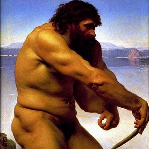 Image similar to portrait of an ancient human species neanderthal muscular hairy man, by bouguereau, norman rockwell