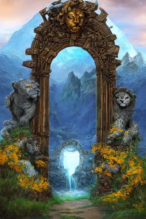 Image similar to A giant medieval fantasy blue energy portal gate with a rusty gold carved lion face at the center of it, the portal takes you to another world, full of colorful flowers on the lost Vibes and mountains in the background, spring, delicate fog, sea breeze rises in the air, by andreas rocha and john howe, and Martin Johnson Heade, featured on artstation, featured on behance, golden ratio, ultrawide angle, f32, well composed, rule of thirds, center spotlight, low angle view