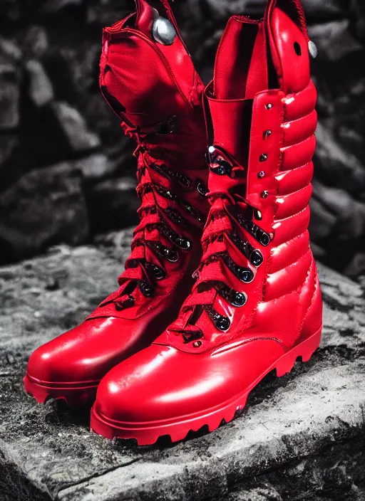 Image similar to hyperrealistic and heavy detailed moncler boots of whole lotta red by playboi carti, leica sl 2 5 0 mm, vivid color, high quality, high textured, real life