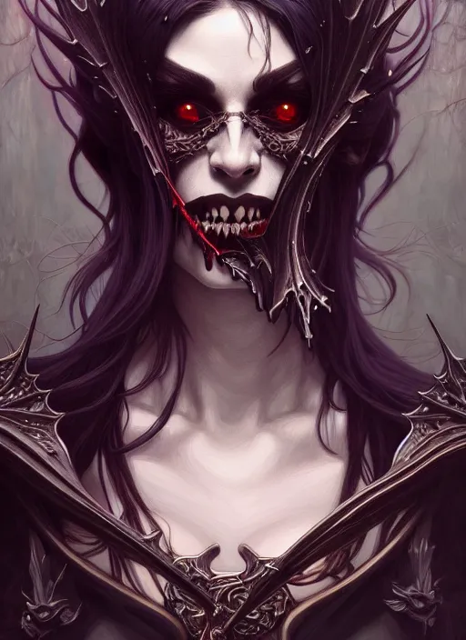 Image similar to hyper detailed ultra sharp painting of a vampire revenant. trending on artstation, warpaint aesthetic, darkwave, gothic, eerie, ornate, intricate, digital painting, concept art, smooth, sharp focus, illustration, art by artgerm and james jean, gilleard james and alphonse mucha, 8 k