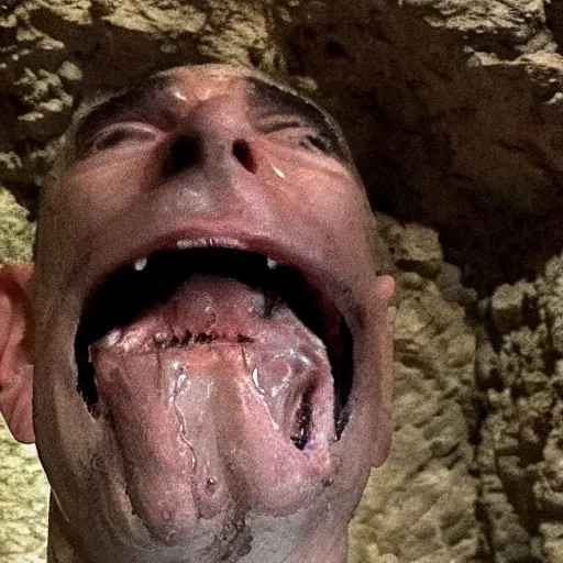 Prompt: photo inside a cavern of a wet reptilian humanoid rapper jeff bezos partially hidden behind a rock with black eyes open mouth and big teeth