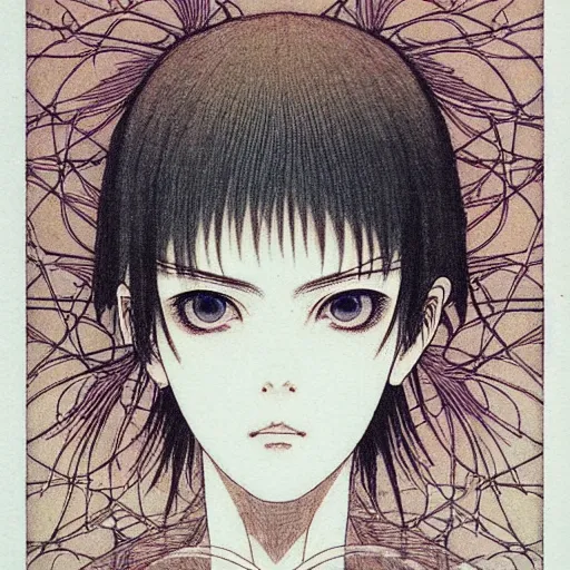 Image similar to prompt: Fragile looking soft light portrait face drawn by Takato Yamamoto and Katsuhiro Otomo, inspired by Ghost in Shell anime, magical and alchemical objects on the side, soft light, intricate detail, intricate ink painting detail, sharp high detail, manga and anime 2000