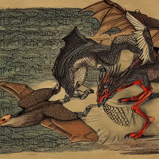 Prompt: an old illustration of a goose fight a dragon, hd, medieval, old paper, hd, 8 k, hyper detailed,