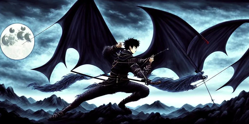 Prompt: korean archer. dragon. night sky. moon. mountain. dark fantasy. high resolution. epic fight. detailed. digital art. dark fantasy. kentaro miura