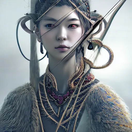 Prompt: beautiful extremely detailed intricate concept art depicting an archer by sakimichan. shining jewelry. grey atmosphere. particles in the background. bcy. net