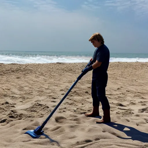 Prompt: Luke Skywalker vacuuming the beach to remove sand, professional photo, 4k, 35mm