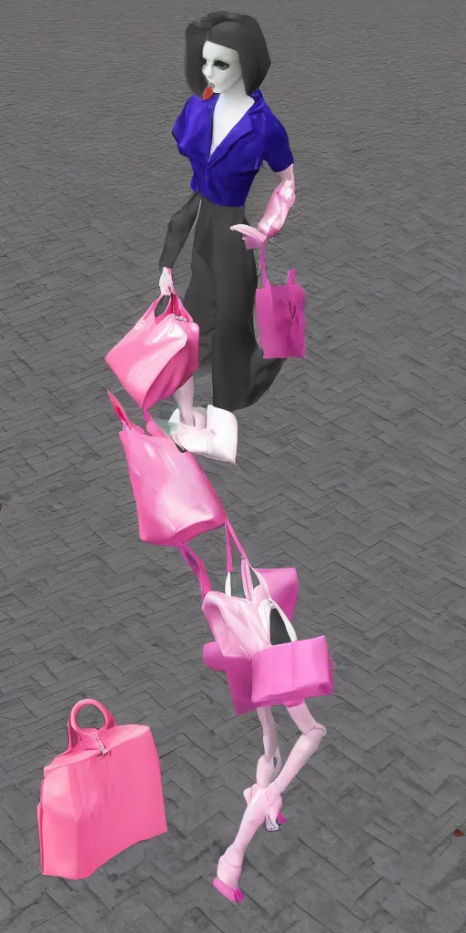 Prompt: rtx deprecated 3d glitched malice doll carrying a pink fashion bag in a street city psx rendered early 90s net art n64