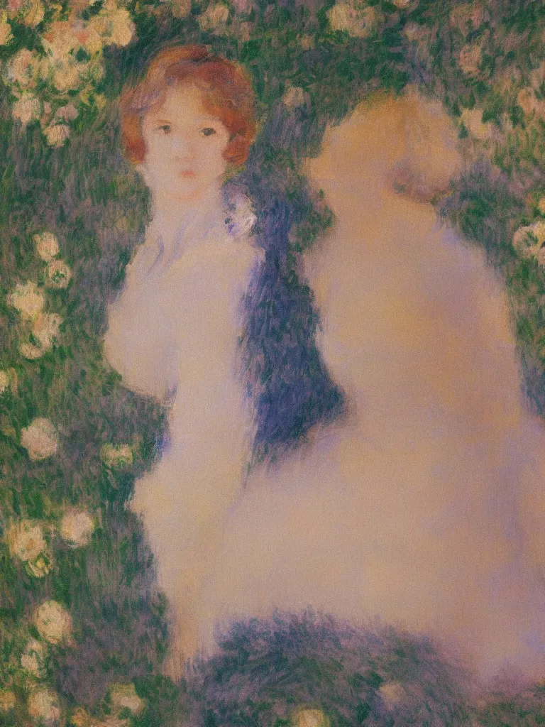 Image similar to portrait of < zelda fitzgerald > as a beautiful young lady, blurry face, fair, slim, fair, severe out of focus, depth of field, pleinairism, in the sun, backlit, closeup, oil on canvas, atr by monet, in the style of le promenade, smooth, impressionnisme, 8 k