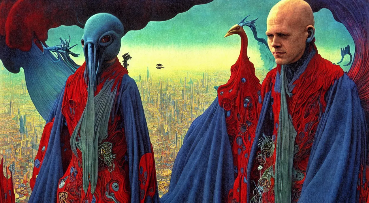 Image similar to realistic detailed portrait movie shot of a birdman wearing dark robes, sci fi city landscape background by denis villeneuve, amano, yves tanguy, alphonse mucha, ernst haeckel, max ernst, roger dean, masterpiece, rich moody colours, blue eyes, occult