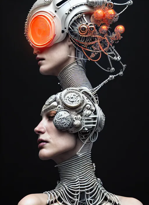 Image similar to portrait of an absurdly beautiful, graceful, sophisticated, fashionable cyberpunk mechanoid, hyperdetailed illustration by irakli nadar and alexandre ferra, intricate linework, white porcelain skin, faberge, coral headdress, unreal engine 5 highly rendered, global illumination, radiant light, detailed and intricate environment