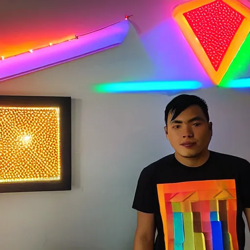 Image similar to a 2 6 year old vietnamese daytrader named jay standing proudly in front of triangular nanoleaf led lights on his wall