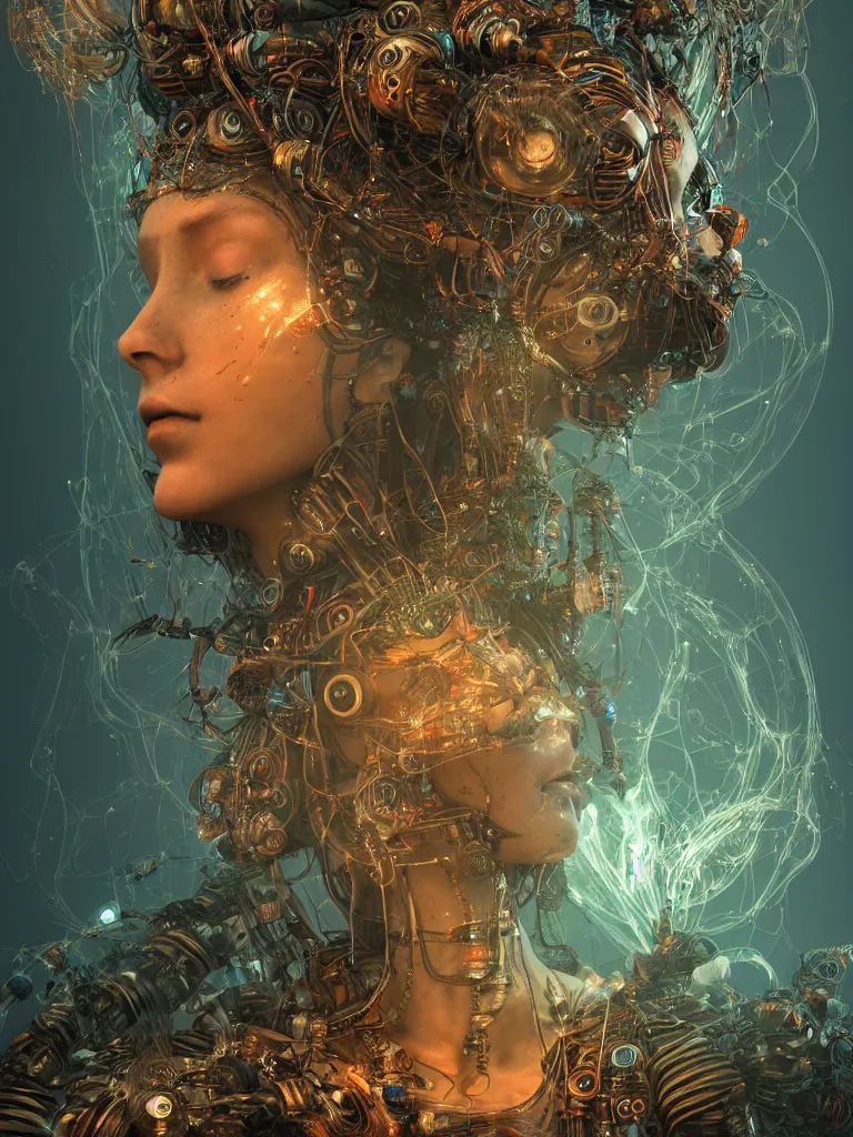 Image similar to an ancient mystical alluring female shaman generating flowing energy and surrounded by wisps of incense smoke sits meditating in a magical cybernetic robot temple, face face face, by android jones and vitaly bulgarov, 3 d, cinema 4 d render, trending on artstation