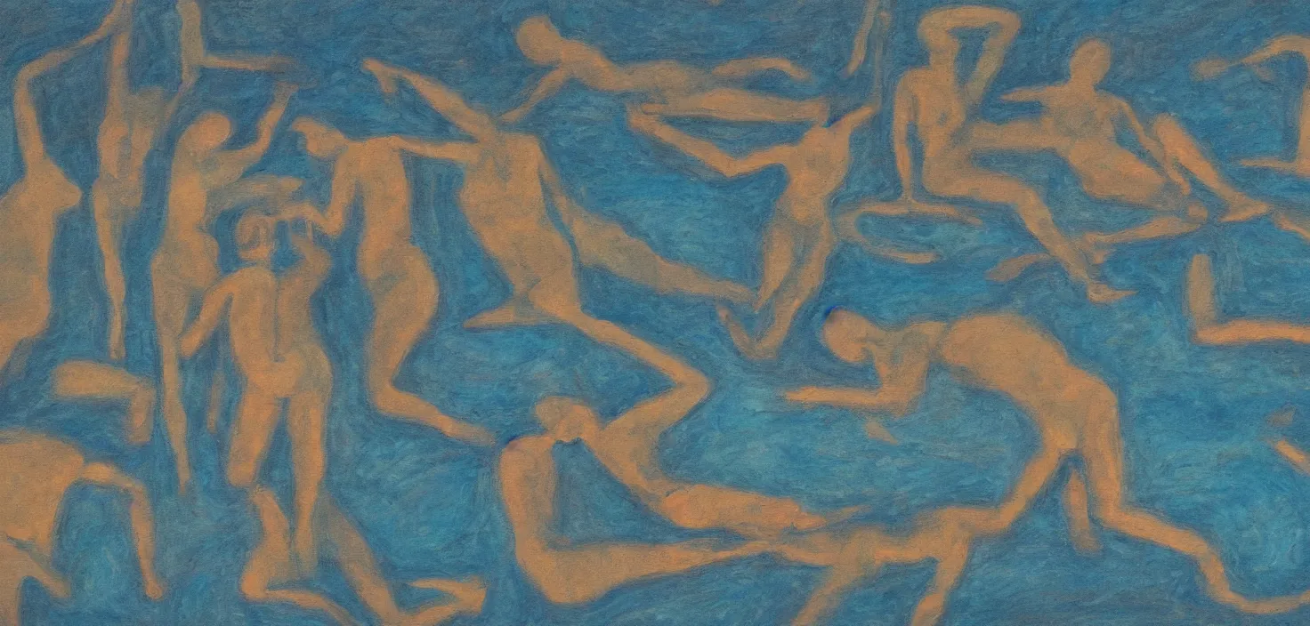 Prompt: painting of human bodies in the lake, abstracted observed, minimal indication, thick outlines, contented peaceful, medium saturation with trichromatic similar hues