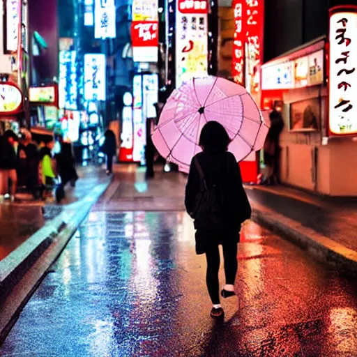 Image similar to japanese girl walking in neon japan at night under heavy rain alongside hundred of white rabbits