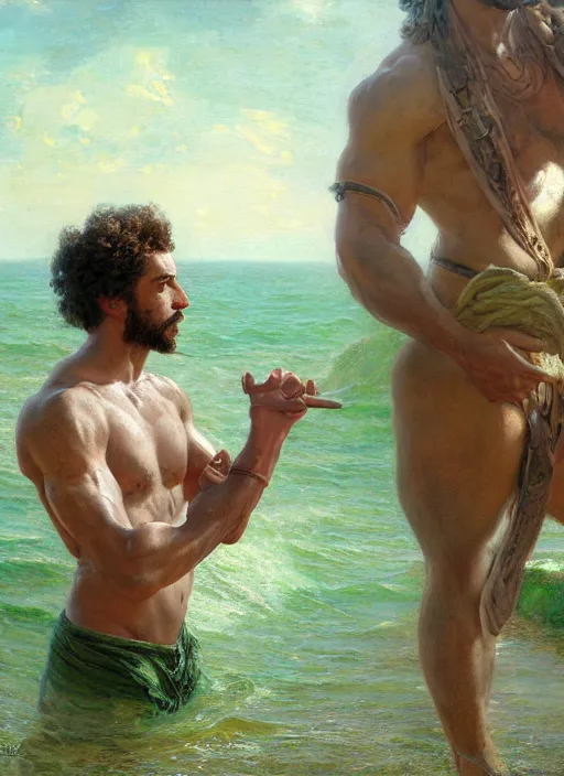 Image similar to detailed cinematic wide shot of muscular attractive young mulatto man beard slim face symmetrical face tanskin green eyes shaved hair wearing sea clothes, ultra realistic, spring light, painting by gaston bussiere, craig mullins, j. c. leyendecker