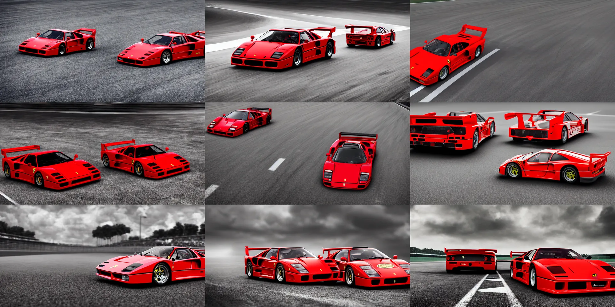 Prompt: ferrari f 4 0 sports car on a racetrack during an overcast day, realistic 4 k octane beautifully detailed render, 4 k post - processing, highly detailed, intricate complexity, epic composition, magical atmosphere, cinematic lighting, masterpiece, ultra hd