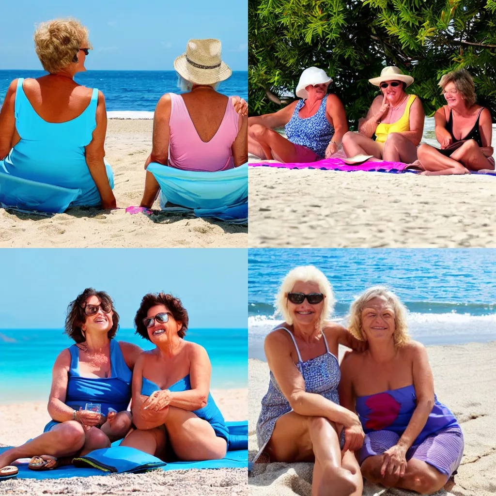 Prompt: middle - aged women sunbathing on the beach, sitting together! chating, smiling.