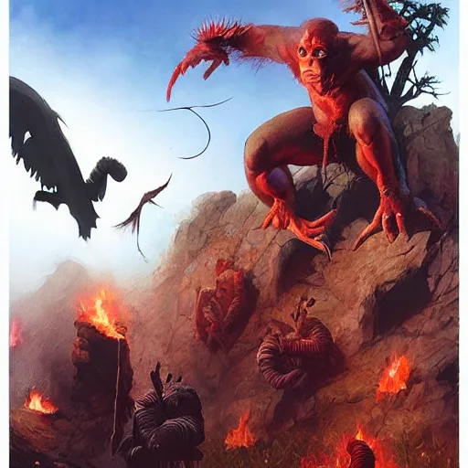 Image similar to 🦃🐒🦞🦈🧟🔥🏞️, Greg Rutkowski, digital art, Michael Whelan, cinematic, Frank Frazetta, Dio album art