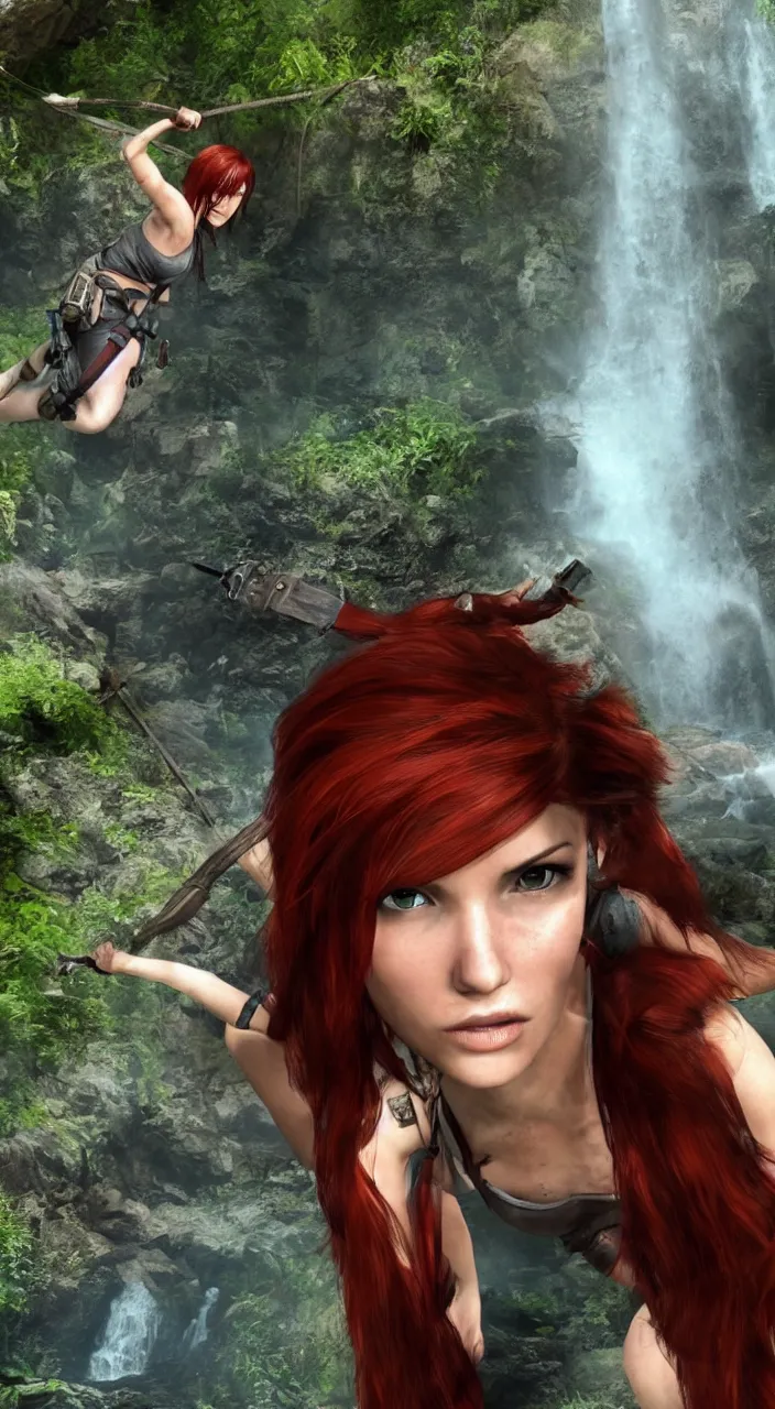 Prompt: tomb raider with red hair in front of a waterfall