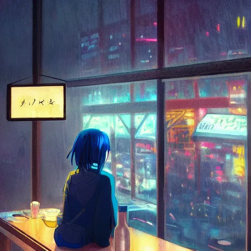 Prompt: beautiful anime painting of a woman with dark-blue hair sitting in a cafe next to a window on a rainy night, outside are neon lights from a dense city, by makoto shinkai, kimi no na wa, artstation, atsmospheric, high detail