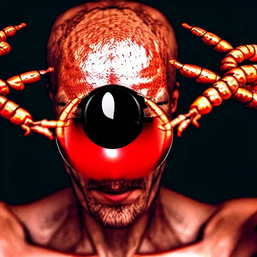 Prompt: photograph of a man with a insect head begging for blood, 8k resolution, high detail, ULTRA REALISTIC VFX, reflections