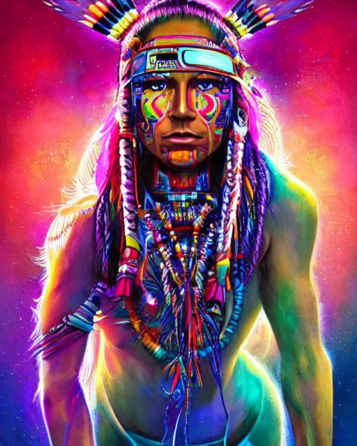 Image similar to colorful portrait of a futuristic native american indigenous hippie with cybernetics | highly detailed | very intricate | symmetrical | professional model | cinematic lighting | award - winning | painted by rossdraws and wlop and artgerm | pan futurism, dystopian, bold psychedelic colors, cyberpunk, anime aesthestic | featured on artstation